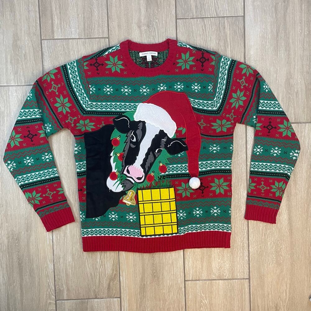 Ugly Christmas Sweater Mens L Cow Funny Holiday Party Knit Christmas Gift